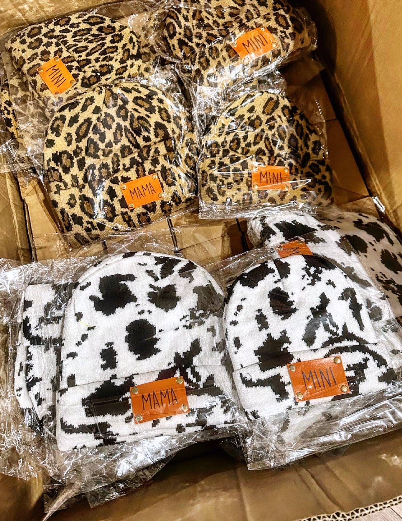 Cow & leopard Mama & mini beanies *ready to ship*