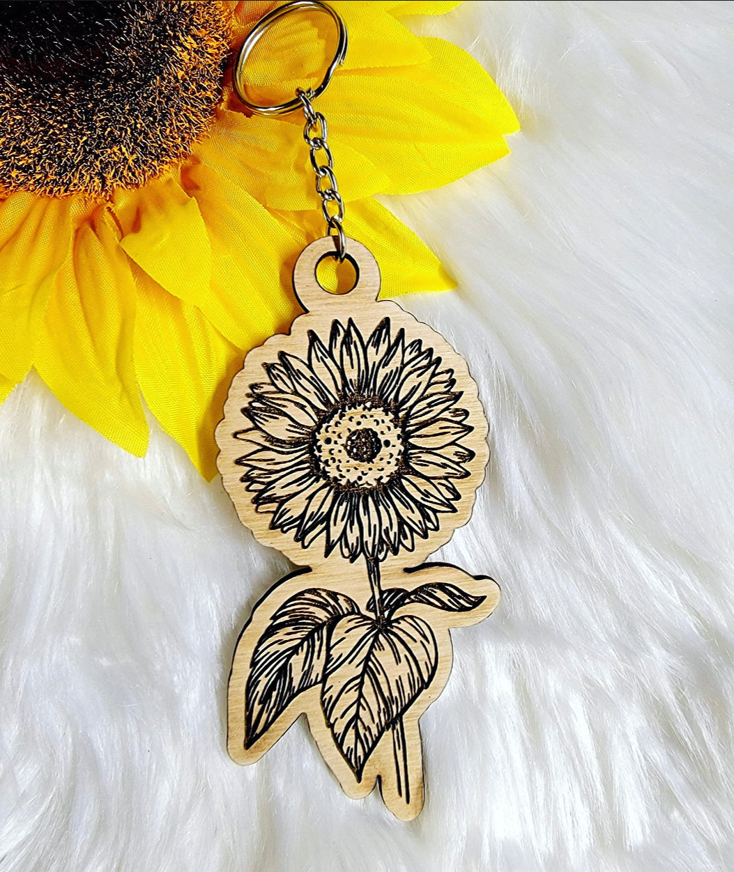 Sunflower wood keychain